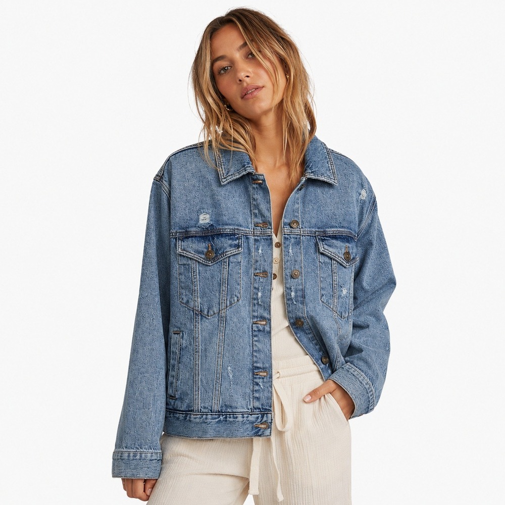 Market & Spruce Jemma Perfectly Oversized Denim Jacket Blue Distressed Medium